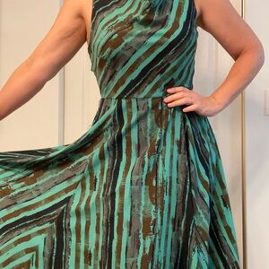 Eva Franco Fit and Flare Striped Green and Brown Dress